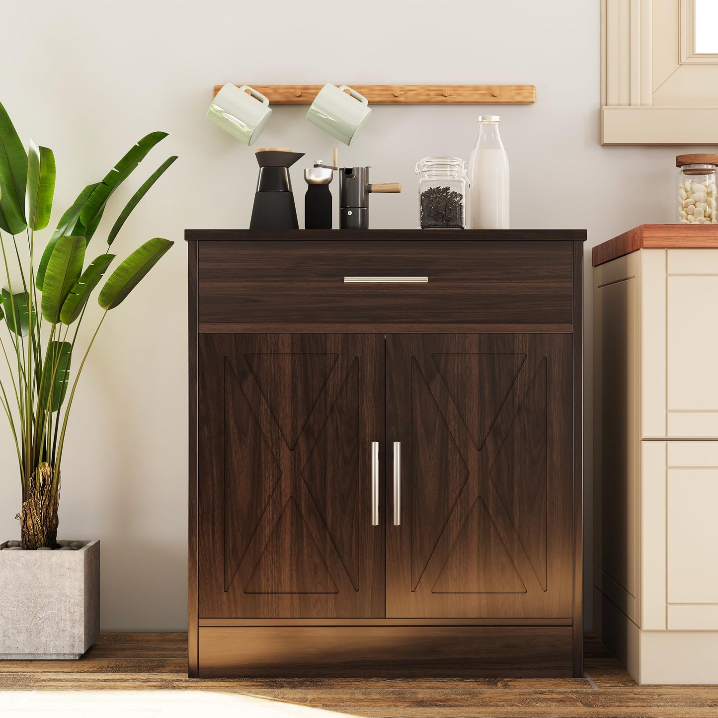 Modern Sideboard Buffet Cabinet with 1 Drawer and 2 Doors, Wood Coffee Bar Storage for Kitchen or Dining Room, Rustic Brown