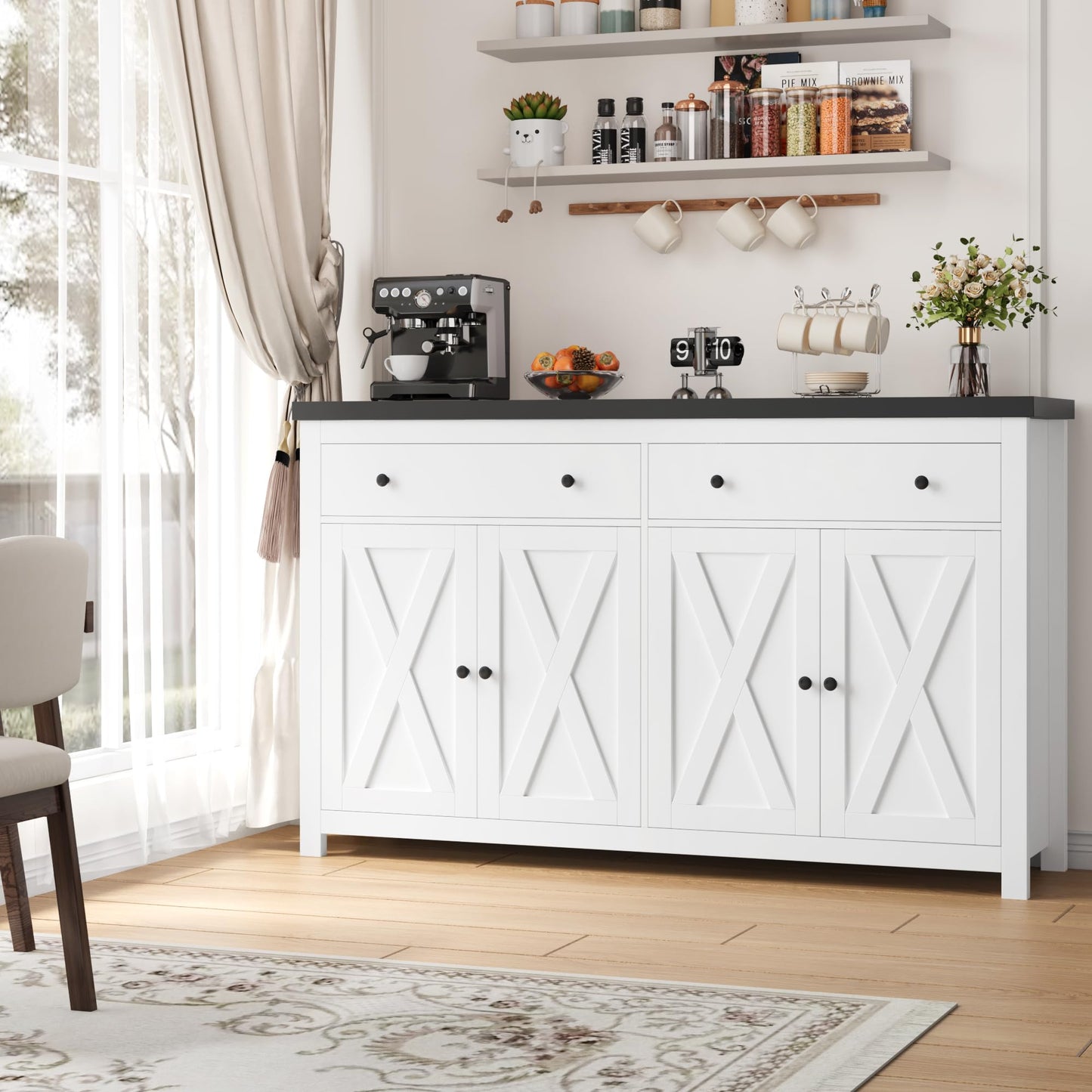 55" Large Sideboard Buffet Cabinet with 2 Drawers and 4 Doors, Wood Storage Buffet Table for Kitchen or Dining Room, White/Black