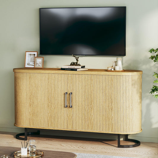 **54.3" Sideboard Buffet Cabinet with Storage, Fluted Tambour Doors, Adjustable Shelves, Mid-Century Modern Console Table for Living Room and Kitchen**