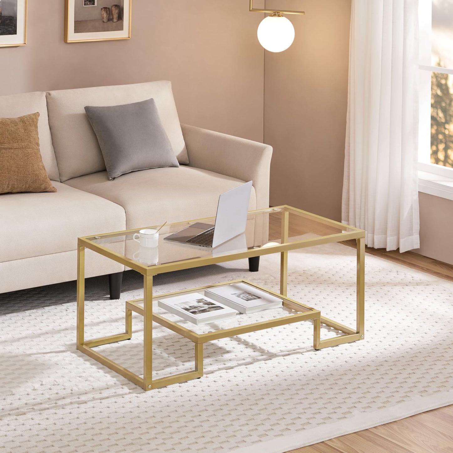 42" Rectangular Glass Coffee Table with Gold Metal Frame, 2-Tier Center Table for Living Room, Office, or Small Spaces