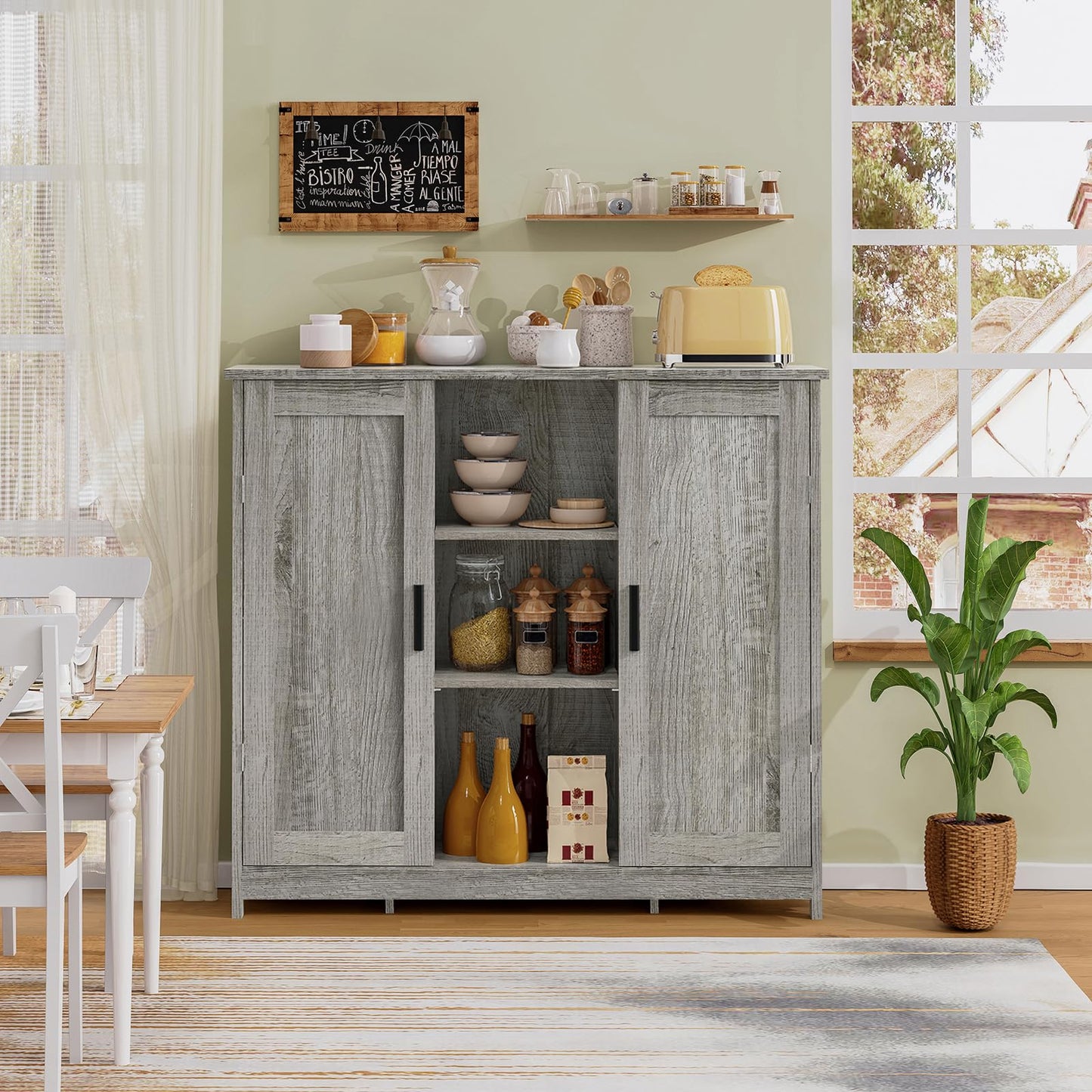 Storage Cabinet with 2 Doors and 4 Adjustable Shelves, Buffet Floor Cabinet for Living Room, Entryway, or Kitchen, Rustic Gray