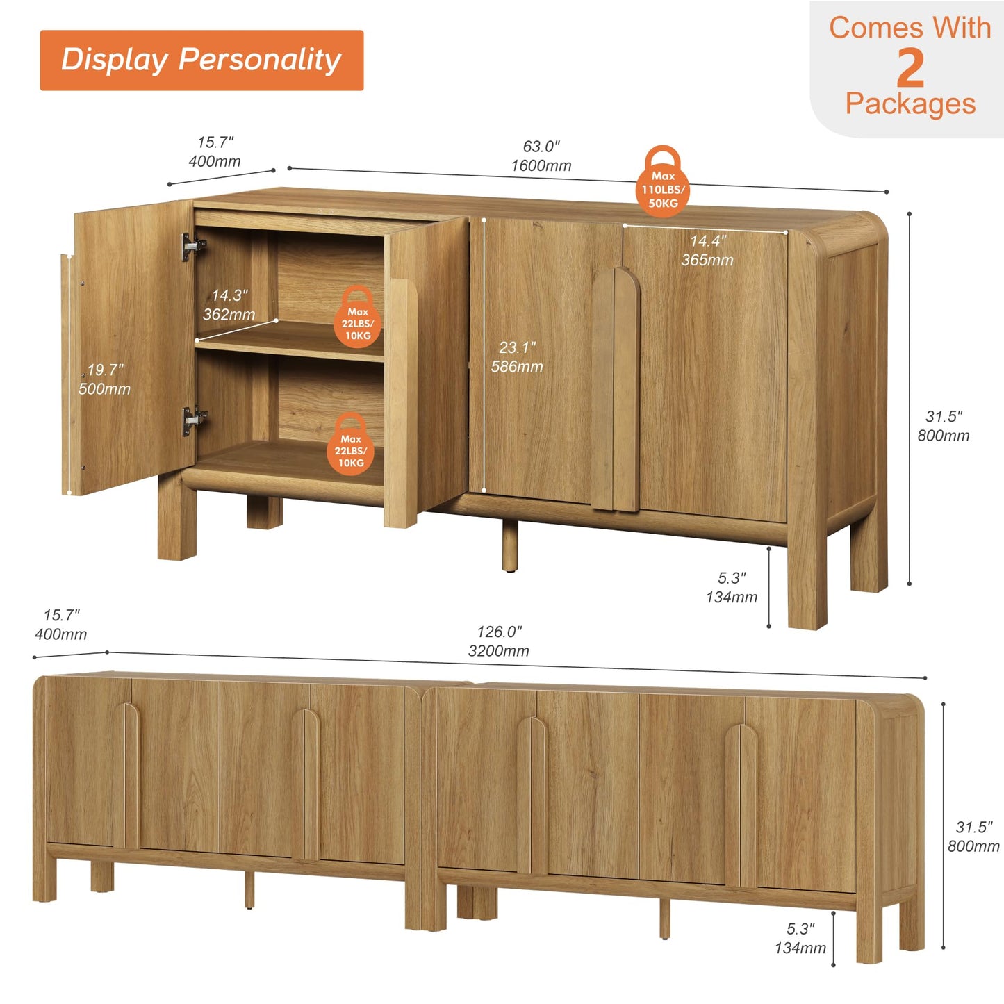 63" Large Curved Buffet Sideboard Cabinet with 4 Doors, Modern Coffee Bar and Wine Bar Storage for Dining Room, Living Room, or Kitchen, Light Walnut
