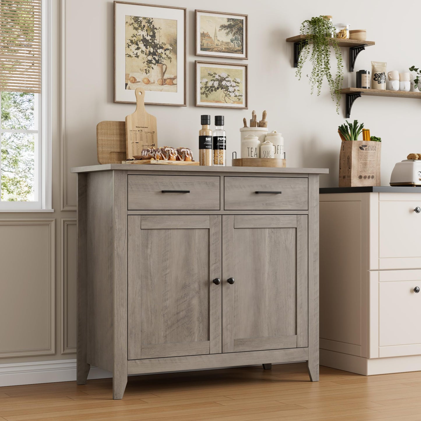 HORSTORS Modern Farmhouse Buffet Cabinet with Storage, Kitchen Sideboard Coffee Bar with 2 Drawers and 2 Doors, Floor Storage Cabinet for Living Room, Dining Room, or Bathroom, Grey