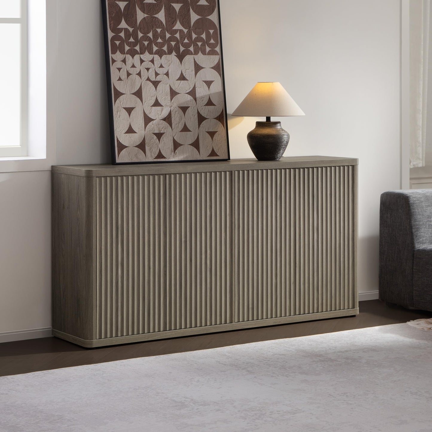 SICOTAS 66.3" Modern Fluted Buffet Cabinet with Storage, Accent Sideboard with 4 Doors, Wide Credenza Buffet Table Media Console Cabinet for Entryway, Kitchen, Dining Room, Living Room, or Hallway