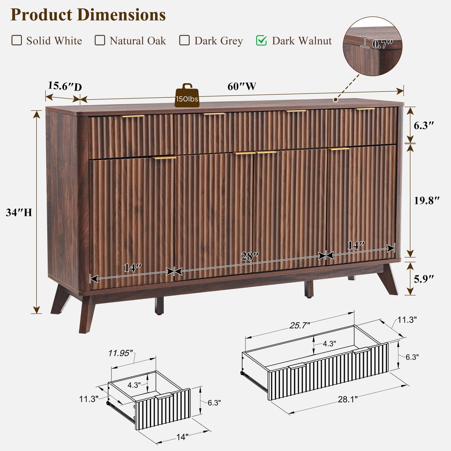 **T4TREAM 60" Fluted Buffet Sideboard Cabinet with Storage, Modern Large Buffet Table with 3 Drawers & 4 Doors for Dining Room, Living Room, or Hallway, Dark Walnut**