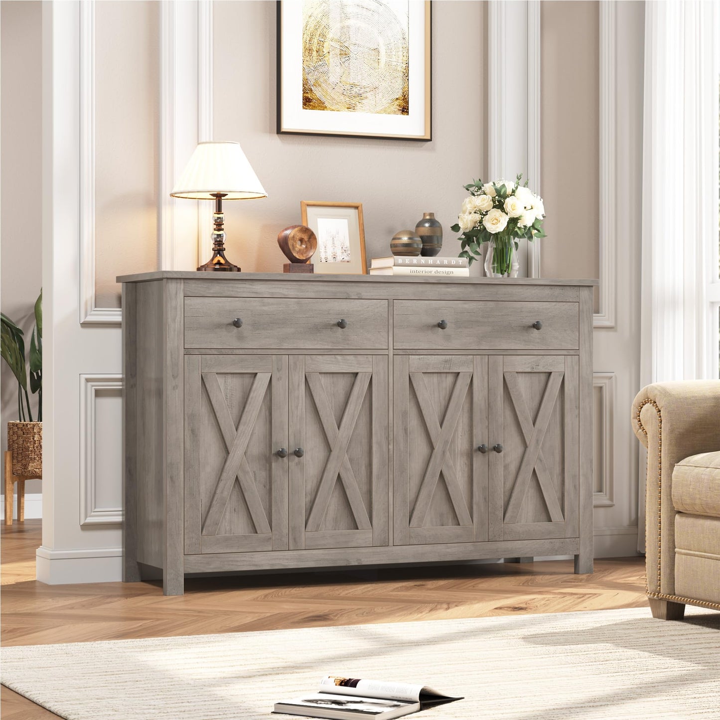 55" Large Sideboard Buffet Cabinet with 2 Drawers and 4 Doors, Wood Storage Buffet Table for Kitchen or Dining Room, Ash Grey