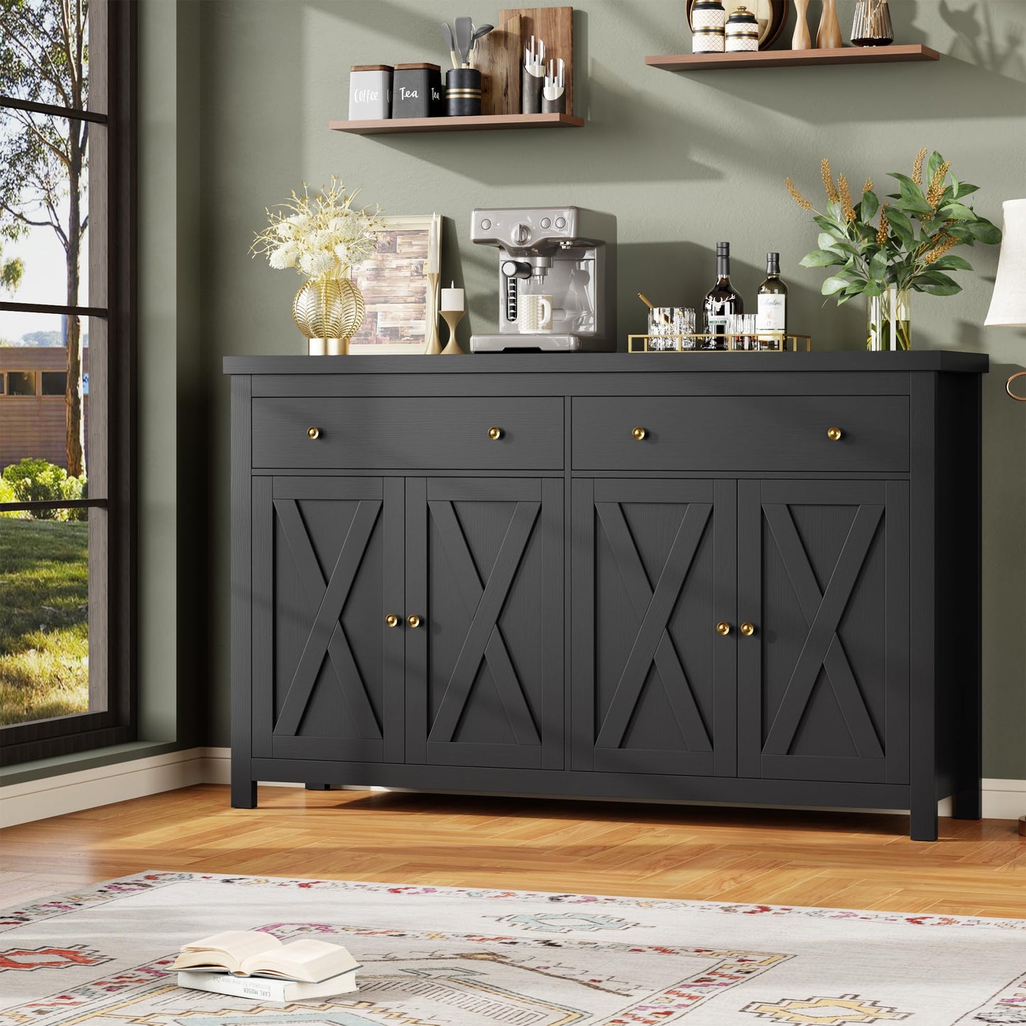 55" Large Sideboard Buffet Cabinet with 2 Drawers and 4 Doors, Wood Storage Buffet Table for Kitchen or Dining Room, Black