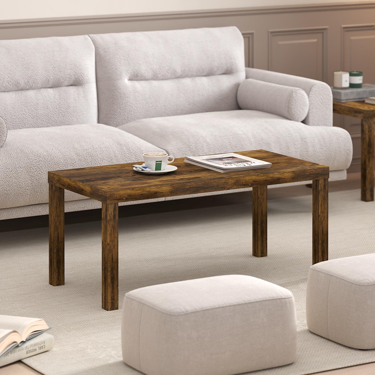 Modern Rectangle Coffee Table with 1.8 Inch Thick Tabletop, Classic Side Table for Living Room or Office, Amber Pine
