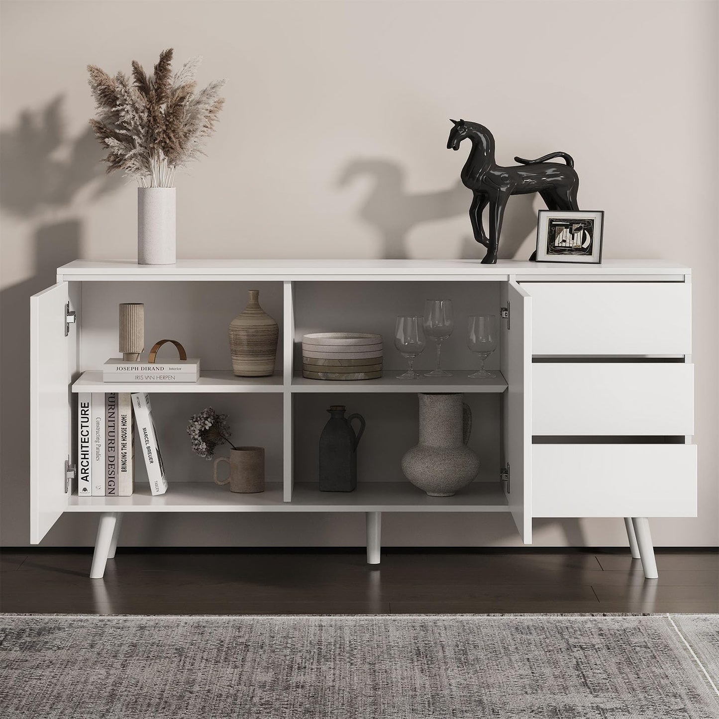 **59.8" Large Buffet Sideboard Cabinet with 2 Doors and 3 Drawers, Diamond-Pattern Console with Adjustable Shelves for Kitchen or Dining Room**