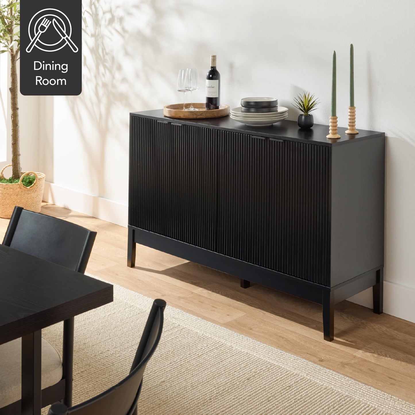 Modern 55" 4-Door Sideboard Storage Cabinet with Reed Panels and Adjustable Shelves, Buffet Media Cabinet for Entryway or Living Room, Black