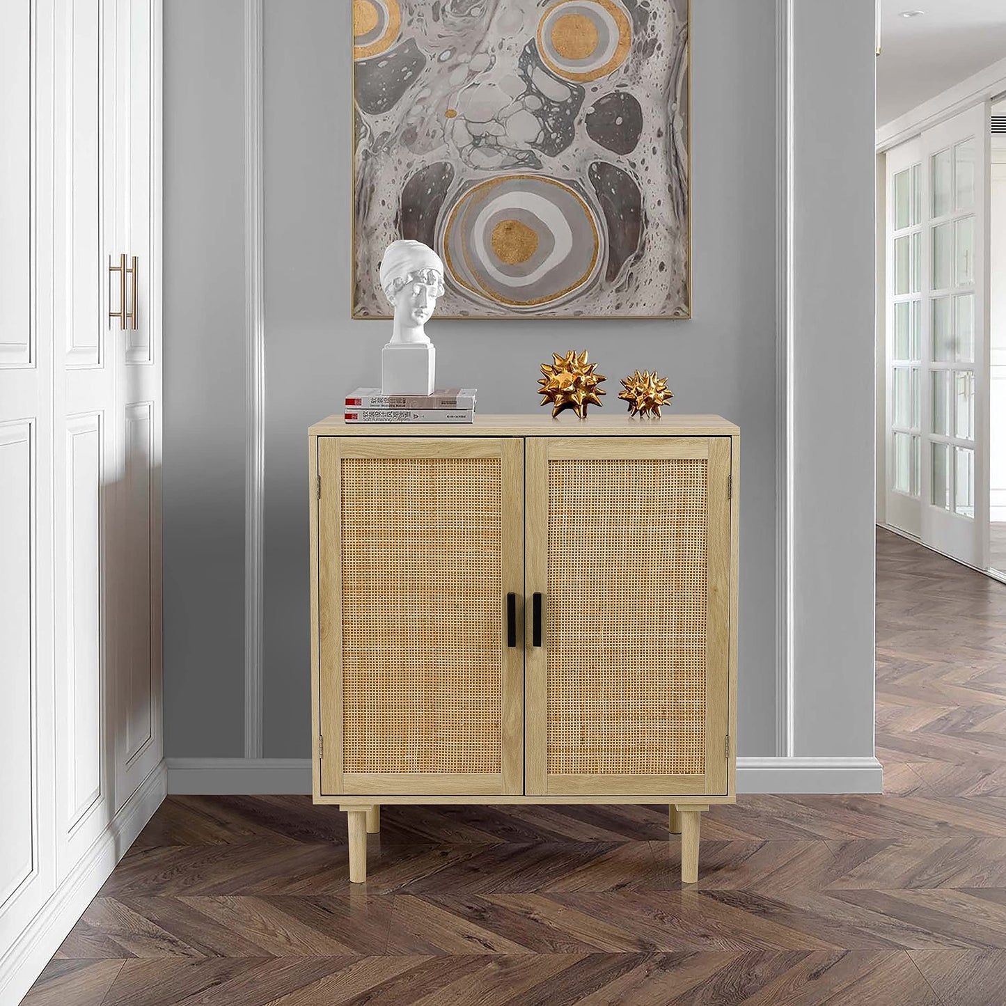 Sideboard Buffet Cabinet with Rattan Decorated Doors, Kitchen Storage Console Table and Liquor Coffee Buffet for Dining Room or Hallway, 31.5" x 15.8" x 34.6", Natural
