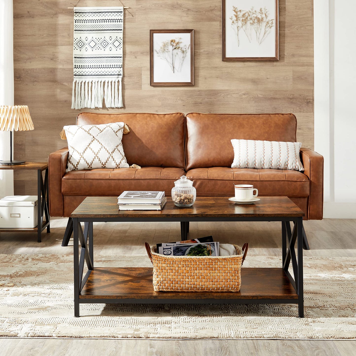 Industrial Farmhouse Coffee Table with X-Shape Steel Frame and Storage Shelf, 39.4"x21.7"x17.7", Rustic Brown/Black