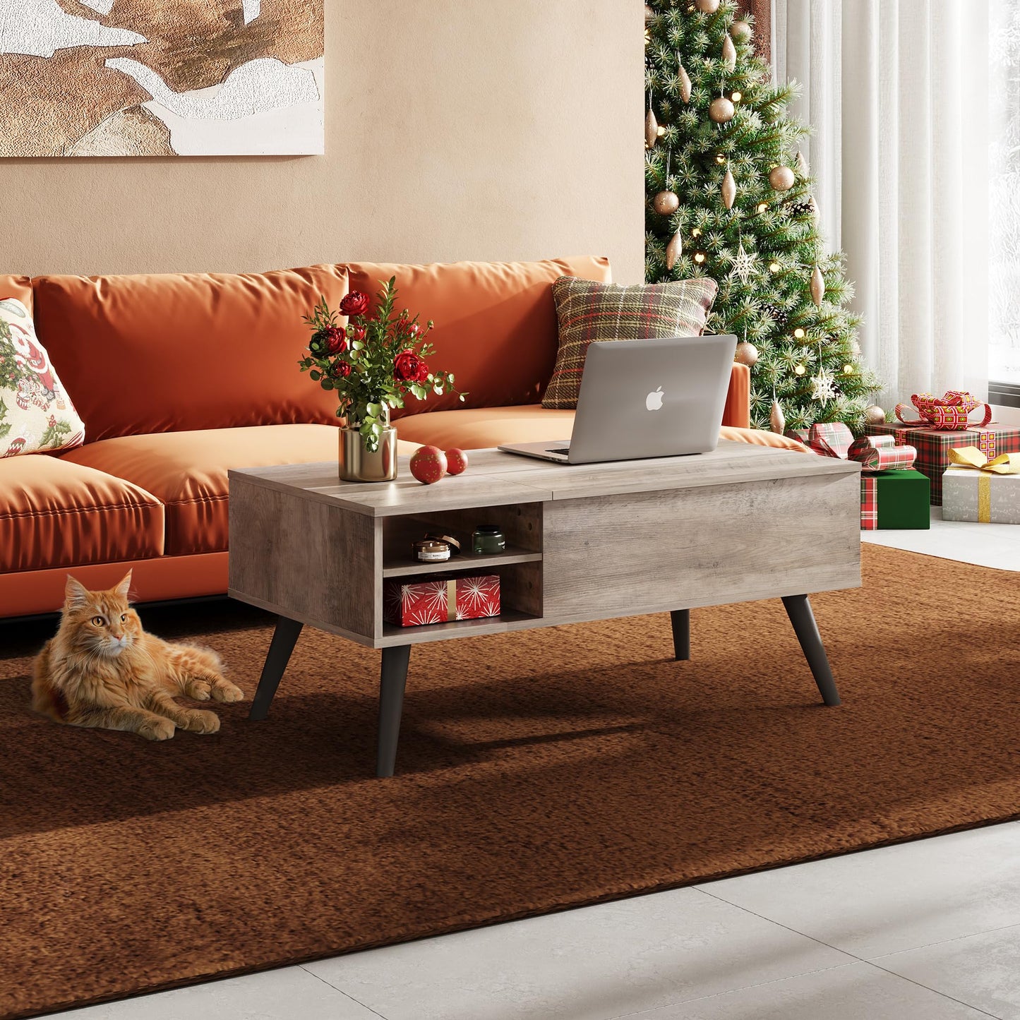 WLIVE Greige Lift Top Coffee Table – Mid-Century Modern Small Table with Adjustable Shelf & Storage Compartment for Living Room