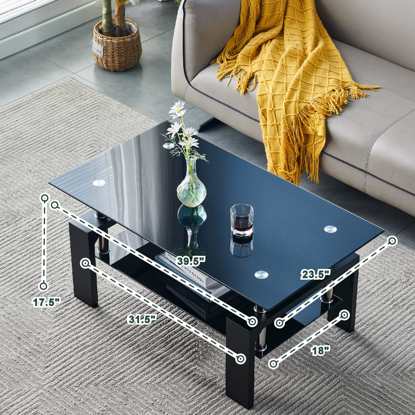 Btrpily Modern Rectangle Coffee Table for Living Room, 39.5D x 23.5W x 17.5H in, Black Glass Tea Table with Wooden Legs & Lower Storage Shelf, Stylish Center Table for Home or Waiting Room