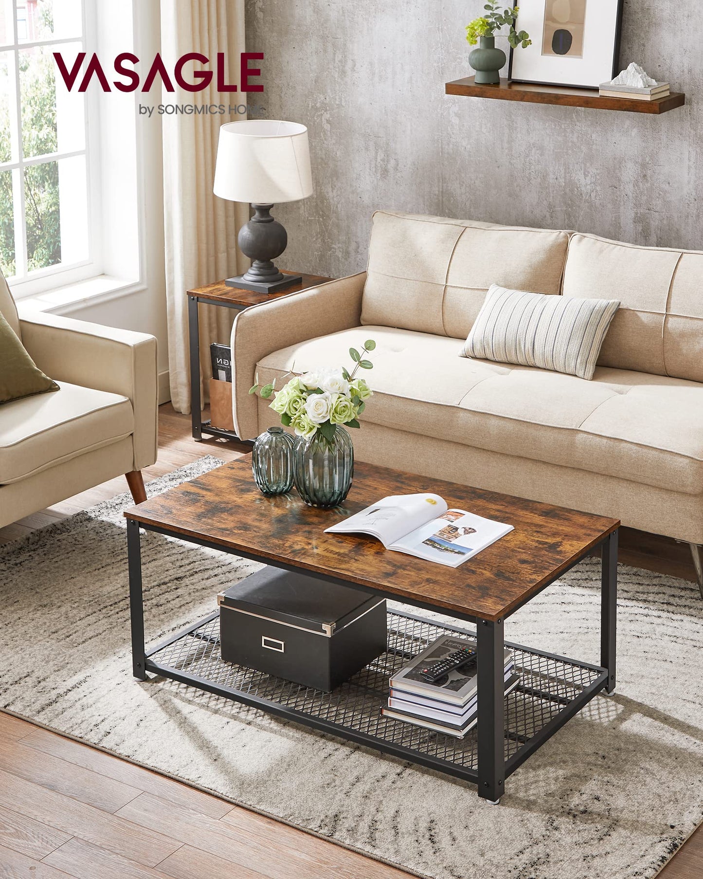 2-Tier Industrial Coffee Table with Mesh Shelf, Steel Frame, Adjustable Feet for Living Room, Rustic Brown/Black