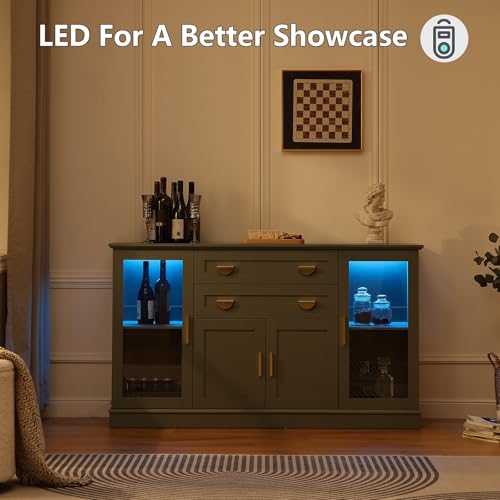 **58.27'' Buffet Cabinet with 2 Drawers and Adjustable Shelves, Large Glass Door Coffee Bar Cabinet, Modern Farmhouse Sideboard Credenza for Kitchen, Dining Room, Green**