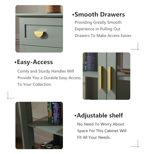 **31.5'' Small Buffet Cabinet with Glass Doors, Compact Coffee Bar Cabinet with Storage, Modern Sideboard Buffet with Adjustable Shelf and Drawer for Kitchen, Dining Room, and Living Room, Green**