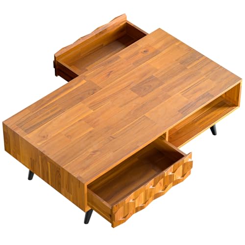 Bme Georgina Mid-Century Modern Solid Wood Coffee Table – 2 Symmetrical Storage Drawers & Geometric Details, Fully Assembled Center Table for Living Room, Teak Brown