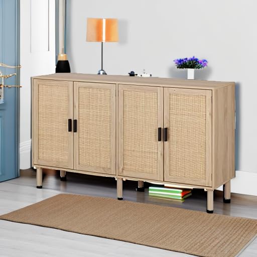 4-Door Sideboard Buffet Cabinet with Rattan Doors, Boho Kitchen Storage Console Table and Liquor Cabinet for Home Bar or Dining Room, 62.3" x 15.7" x 34.6", Natural