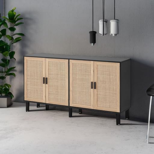 4-Door Sideboard Buffet Cabinet with Rattan Doors, Boho Kitchen Storage Console Table and Liquor Bar Cabinet, 62.3" x 15.7" x 34.6", Black