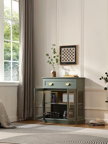**31.5'' Small Buffet Cabinet with Glass Doors, Compact Coffee Bar Cabinet with Storage, Modern Sideboard Buffet with Adjustable Shelf and Drawer for Kitchen, Dining Room, and Living Room, Green**