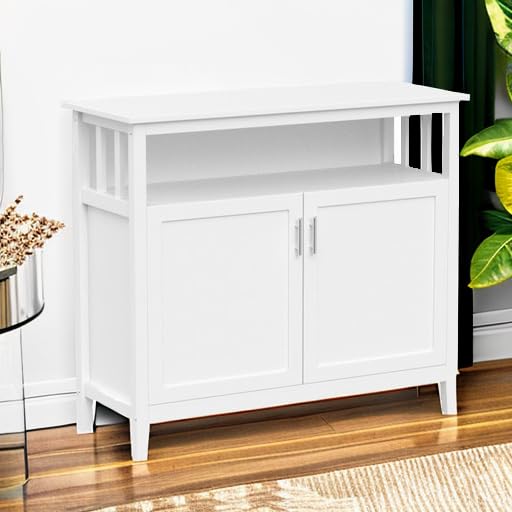 White Buffet Cabinet with 2 Doors and Adjustable Shelf, Kitchen Sideboard Storage Server or Console Table