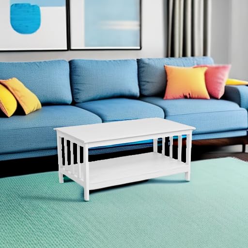 White Farmhouse Coffee Table with Shelf, 40 Inch Living Room Table