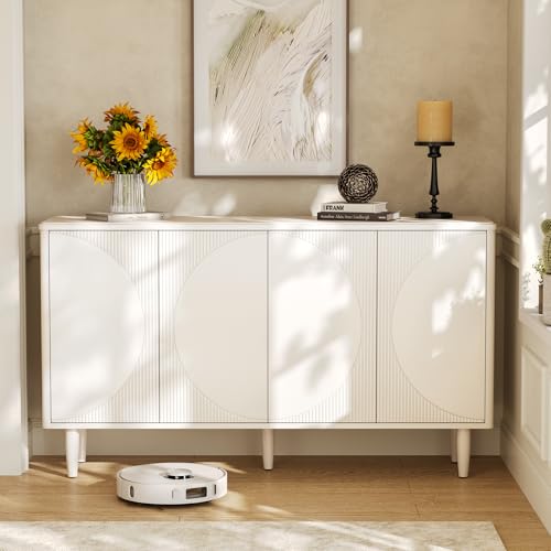 **LITTLE TREE 59" Buffet Cabinet Sideboard with Storage, Modern Sideboard Buffet Table with Doors for Living Room and Dining Room, White**