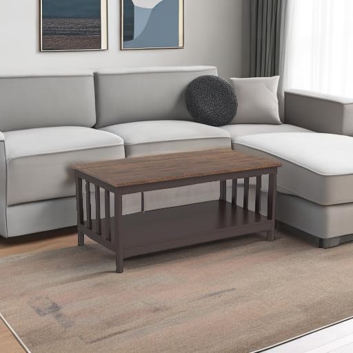 Espresso Farmhouse Coffee Table with Shelf, 40 Inch Living Room Table