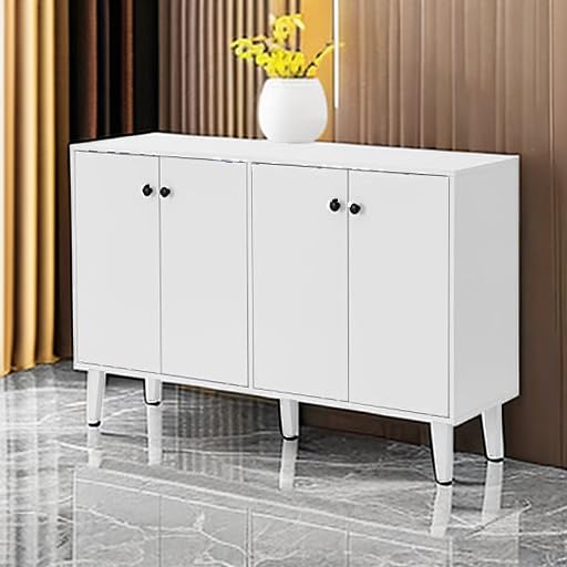 White Sideboard Buffet Cabinet with 4 Doors, Kitchen and Living Room Storage Console Table
