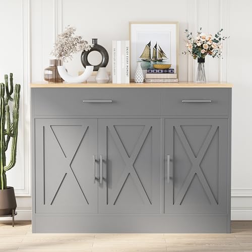 Modern Farmhouse Sideboard Buffet Cabinet with 3 Doors and Adjustable Shelf, 42" Wood Storage Cabinet for Kitchen or Living Room, Grey