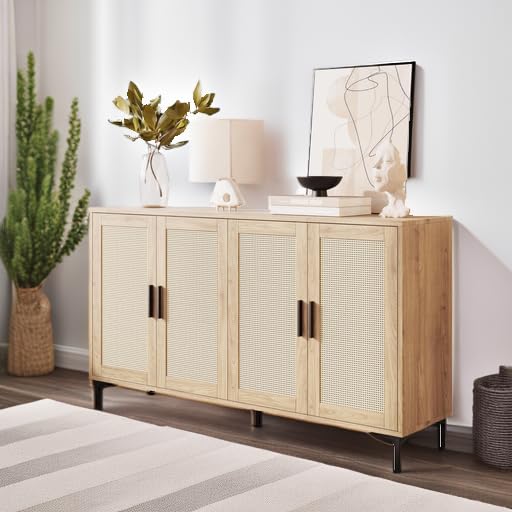 JASIWAY Sideboard - Kitchen Buffet Cabinet with Rattan Decorated Doors, Accent Cabinets with Doors, Coffee Bar Cabinets Rattan Sideboard Buffet Cabinet with Storage (Natural with 4 Doors)