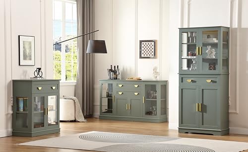 **31.5'' Small Buffet Cabinet with Glass Doors, Compact Coffee Bar Cabinet with Storage, Modern Sideboard Buffet with Adjustable Shelf and Drawer for Kitchen, Dining Room, and Living Room, Green**