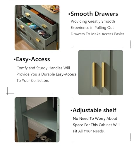 **58.27'' Buffet Cabinet with 2 Drawers and Adjustable Shelves, Large Glass Door Coffee Bar Cabinet, Modern Farmhouse Sideboard Credenza for Kitchen, Dining Room, Green**