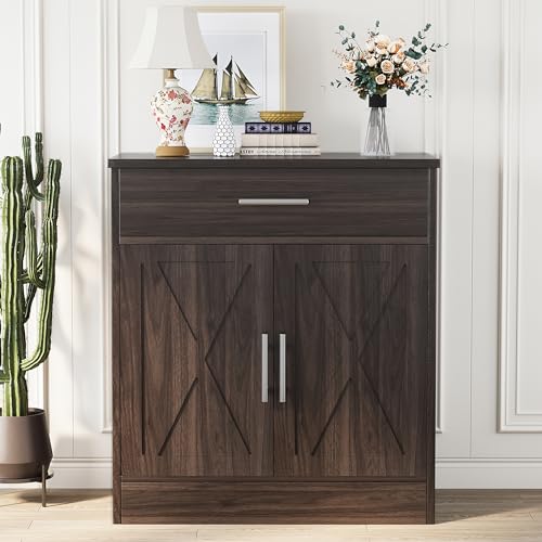 **Shintenchi Farmhouse Storage Cabinet with Doors, Shelves, and Drawers, Kitchen Barn Door Coffee Bar Sideboard for Dining Room, Living Room, Bathroom, or Entryway, Dark Brown**