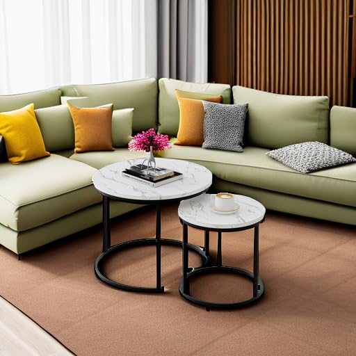 Round Nesting Coffee Table Set of 2, White Faux Marble Wooden Tables with Black Steel Frame for Living Room or Bedroom