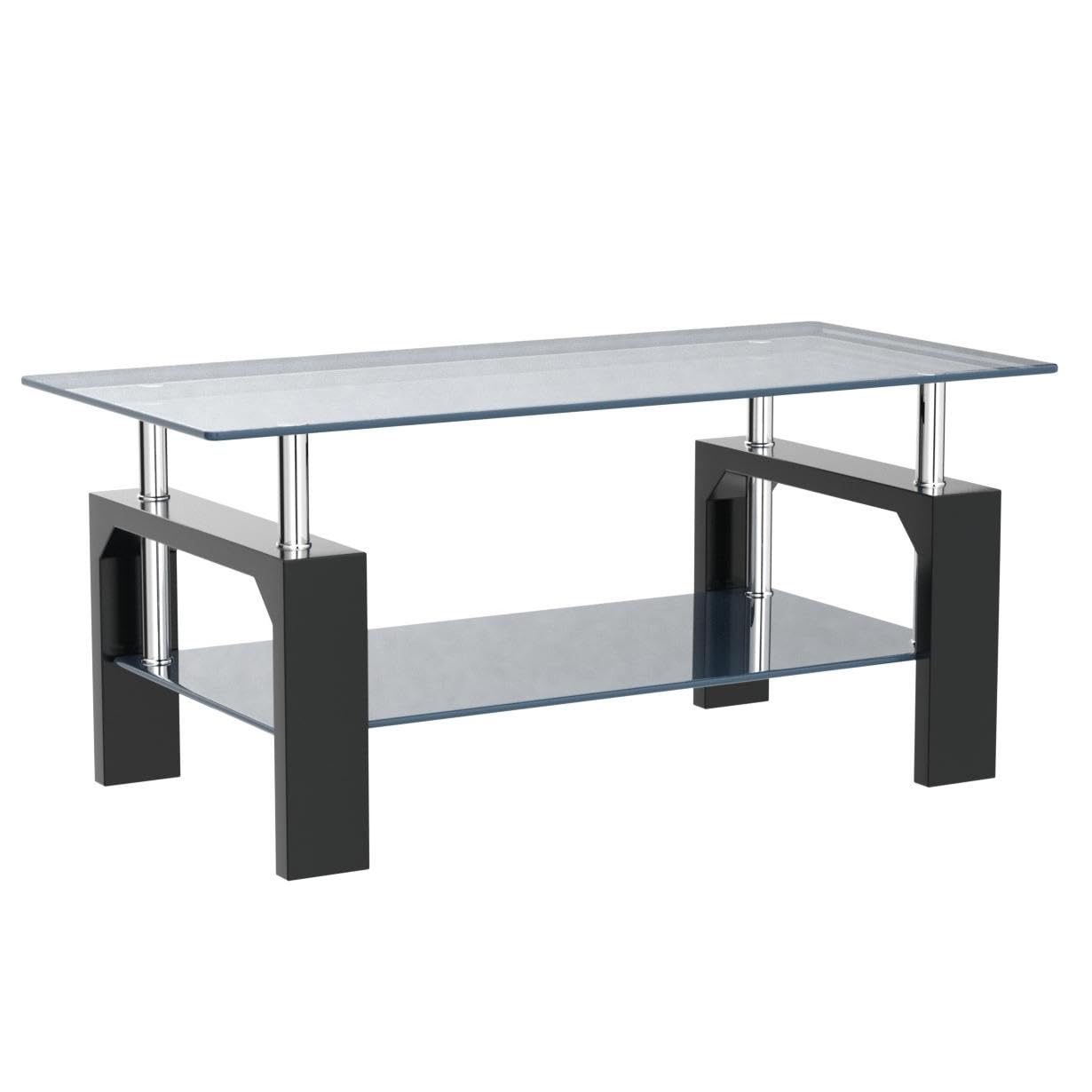 Btrpily Modern Rectangle Coffee Table for Living Room, 39.5D x 23.5W x 17.5H in, Black Glass Tea Table with Wooden Legs & Lower Storage Shelf, Stylish Center Table for Home or Waiting Room