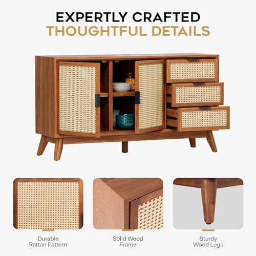 **58" Rattan Buffet Sideboard with 3 Drawers and 2 Doors, Pre-Assembled Accent Console Table for Living Room, Kitchen, or Dining, Dark Chocolate**