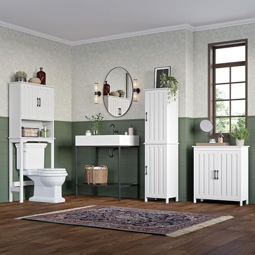Two-Door Floor Storage Cabinet with Adjustable Shelves, Bathroom Storage with Soft-Close Doors, White Finish with Matte Black Handles
