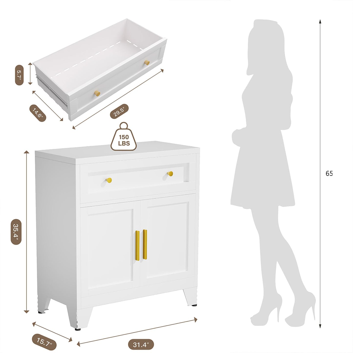 Metal Sideboard Cabinet with Large Drawers and Adjustable Shelf, Farmhouse Coffee Bar Buffet Storage for Kitchen, Dining Room, or Entryway, White