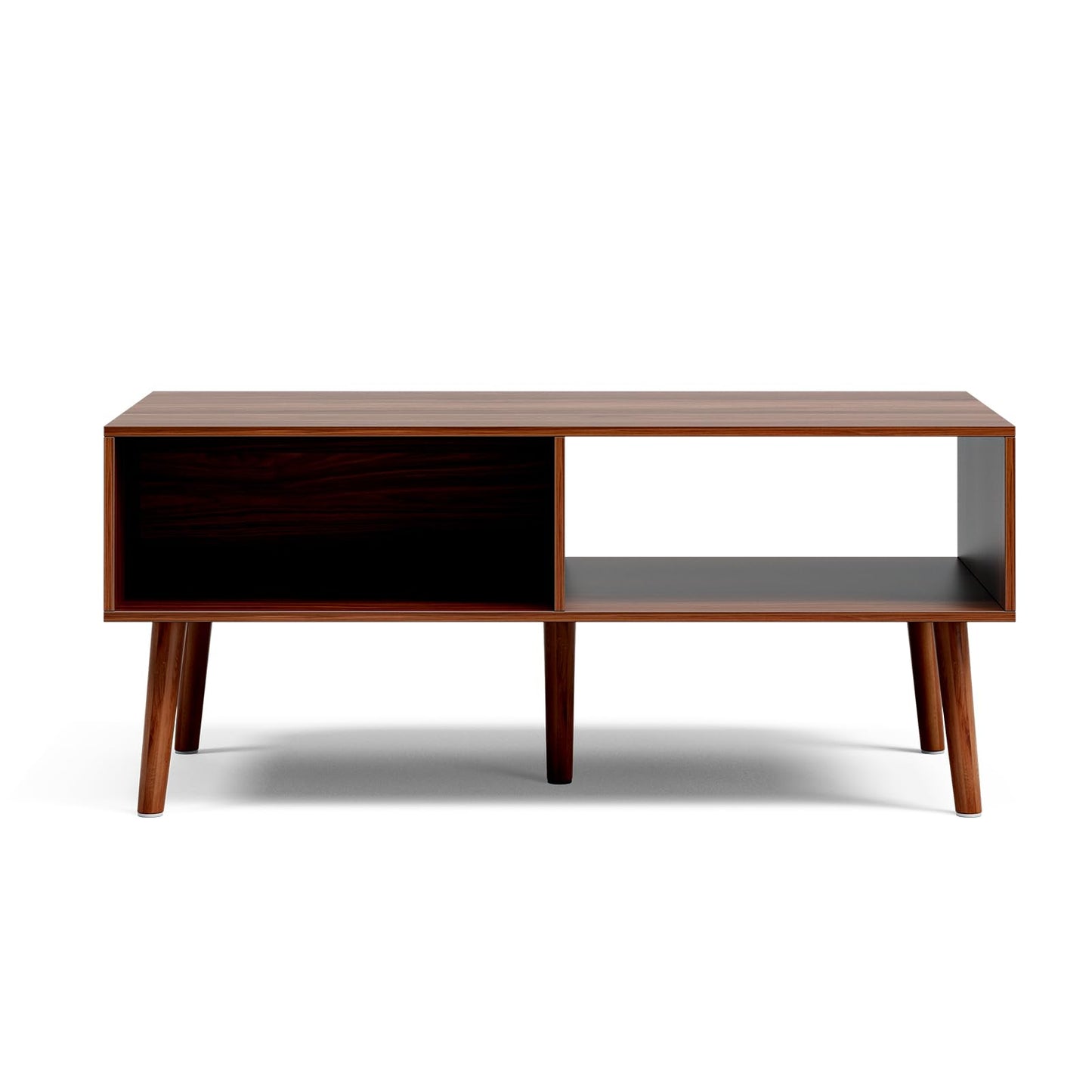 Mid-Century Modern Coffee Table with Storage – Fluted Drawer & Solid Wood Legs, Small Center Table for Living Room, Walnut