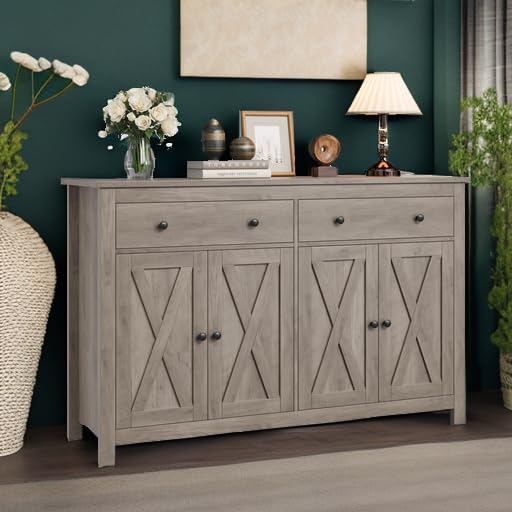 55" Large Sideboard Buffet Cabinet with 2 Drawers and 4 Doors, Wood Storage Buffet Table for Kitchen or Dining Room, Ash Grey