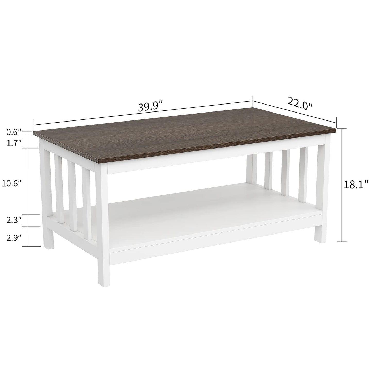 White Farmhouse Coffee Table with Shelf, 40 Inch Living Room Table