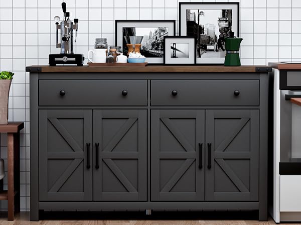 55" Modern Farmhouse Sideboard Buffet Cabinet with Storage, Black Wood Coffee Bar Cabinet with 2 Drawers & 4 Barn Doors, Long Storage Cabinet for Kitchen, Dining Room & Living Room