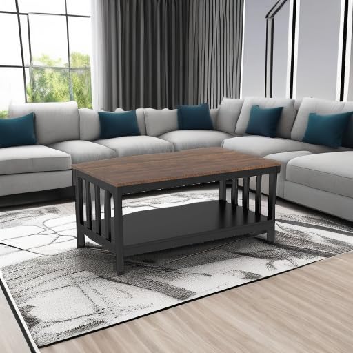 Black Farmhouse Coffee Table with Shelf, 40 Inch Living Room Table