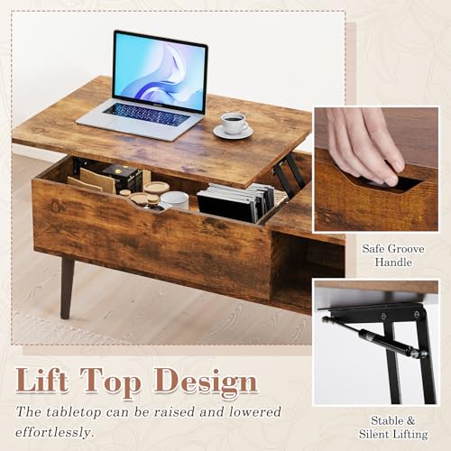 OLIXIS Rustic Wooden Lift Top Coffee Table – Hidden Compartment & Ample Storage Shelf, Convertible Dining Table for Living Room or Small Spaces