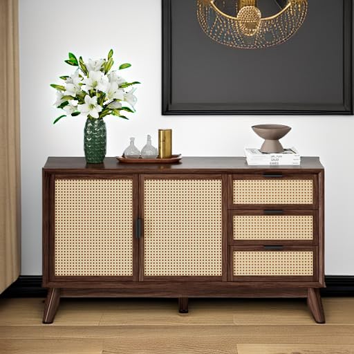 **58" Rattan Buffet Sideboard with 3 Drawers and 2 Doors, Pre-Assembled Accent Console Table for Living Room, Kitchen, or Dining, Walnut**