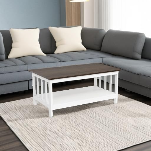 White Farmhouse Coffee Table with Shelf, 40 Inch Living Room Table