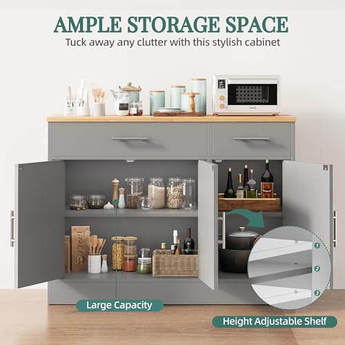 Modern Farmhouse Sideboard Buffet Cabinet with 3 Doors and Adjustable Shelf, 42" Wood Storage Cabinet for Kitchen or Living Room, Grey