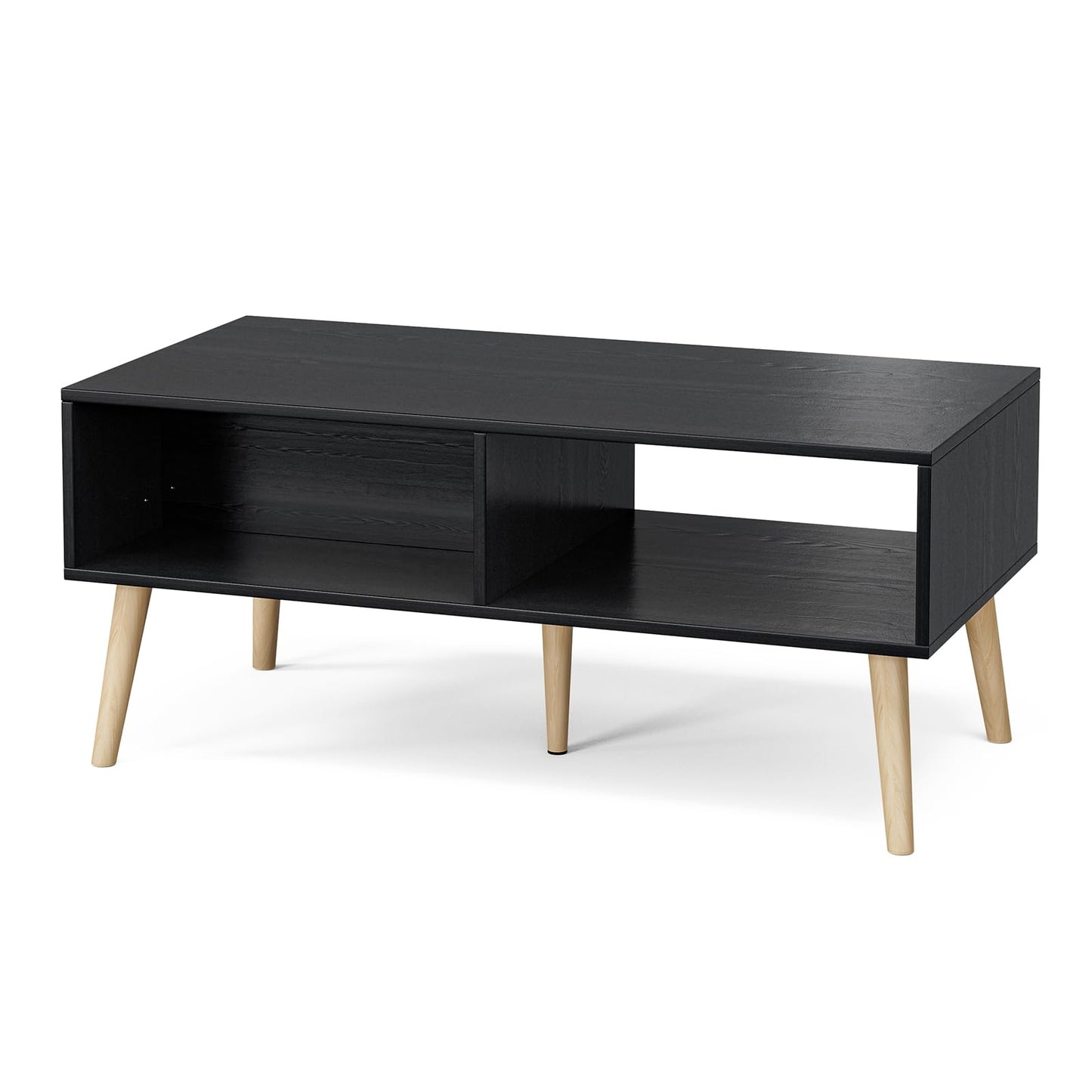 Boho Coffee Table with Sliding Rattan Door and Solid Wood Legs, Small Living Room Table with Storage, Black